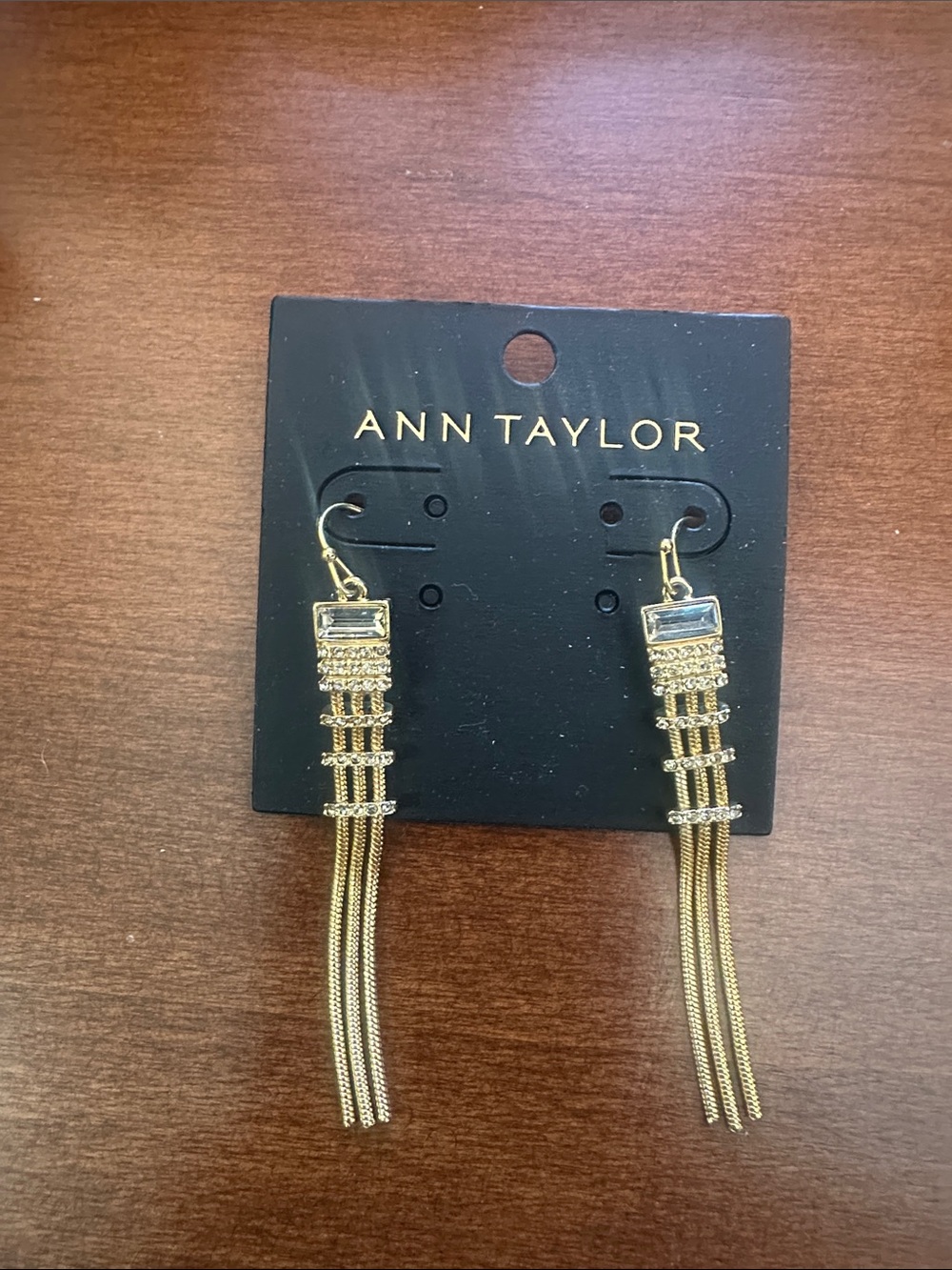 Ann Taylor Gold Chain Tassel Earrings with Rectangular Accent